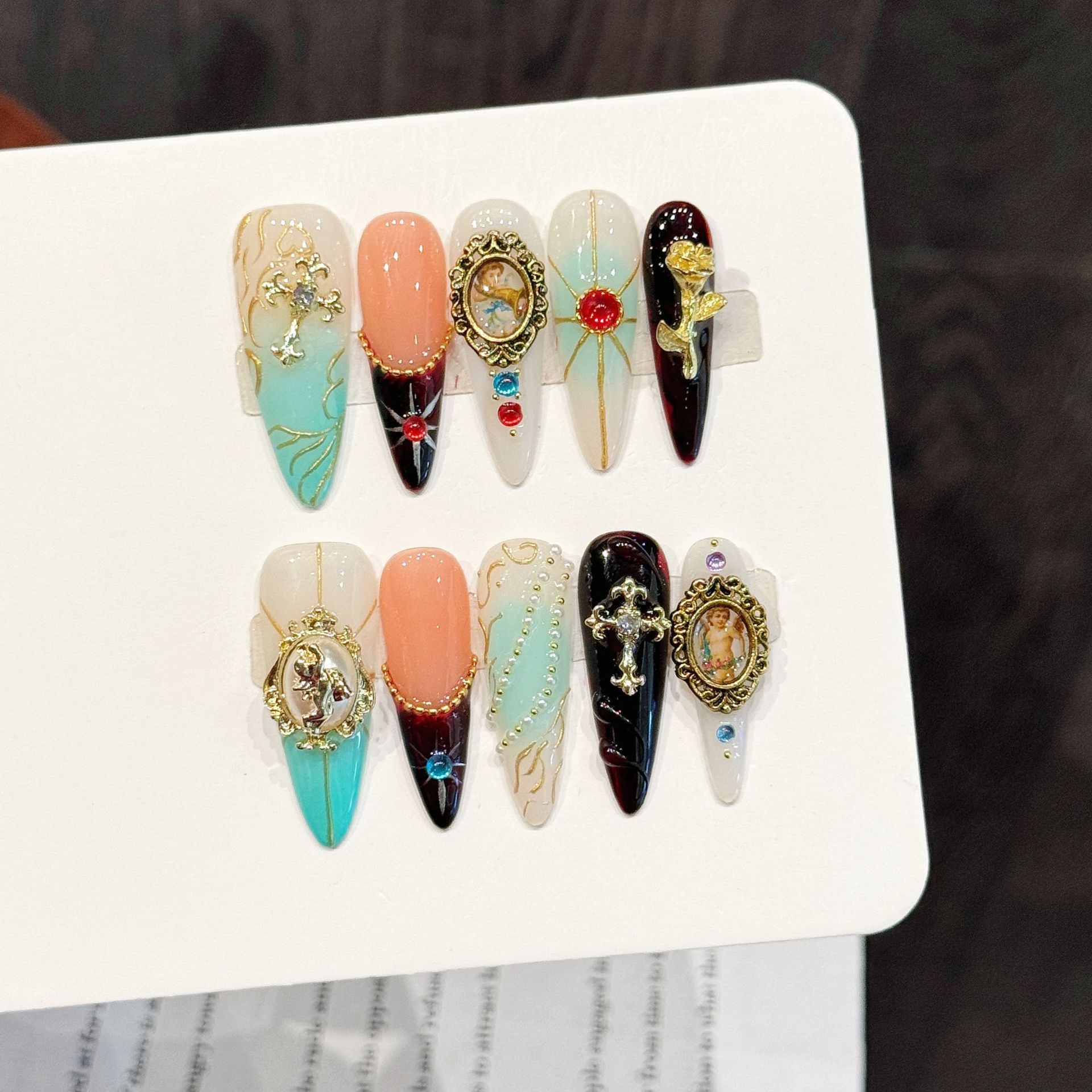 Resin Art Stone - 10PCS Stiletto Handmade Press On Nails,Retro